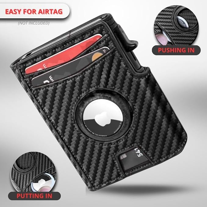 Mens Wallet with AirTag Holder, RFID Blocking, Pop-Up Aluminum Card Holder, ID Window, Money Clip, Fits up to 12 Cards, Slim & Minimalist, Smart, MicroFiber (Black), Gift Box, Billetera para Hombre