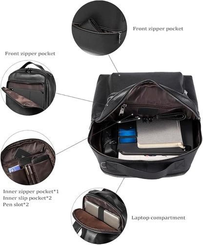 15.6 Inch Genuine Leather Laptop Backpack for Men Women, Business Travel Backpack Hiking Rucksack Daypack (2#Black)