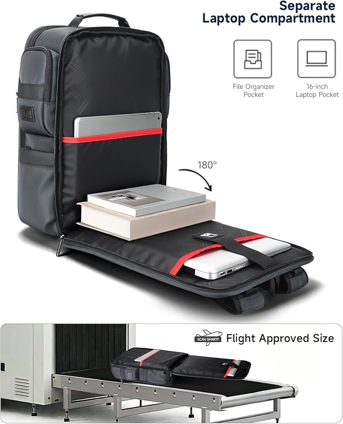 Work Laptop Backpack for Men 17in, USB-C Port Carry On Backpack with Patented Adjustable Width Straps, TSA Dual Laptop Compartments Backpack Travel, Waterproof Business Backpack for Professional, Grey