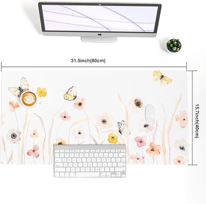 Colorful Star Large Mouse Pad, Watercolor Floral Desk Mat Office Supplies, Waterproof PU Leather Gaming Mousepad for Women Girls, Butterflies Desk Pad Home Office Décor Accessories 31.5" x 15.7"