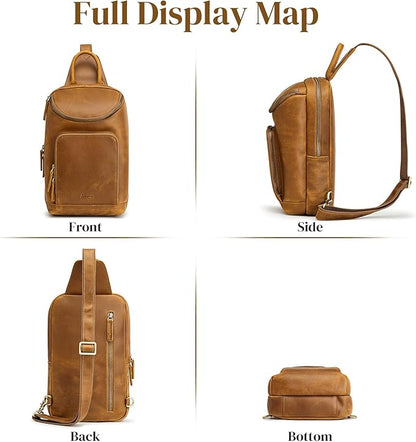 S-ZONE Sling Bag for Women Men Genuine Leather Vintage Crossbody Chest Bags Backpack Daypack Outdoor Travel