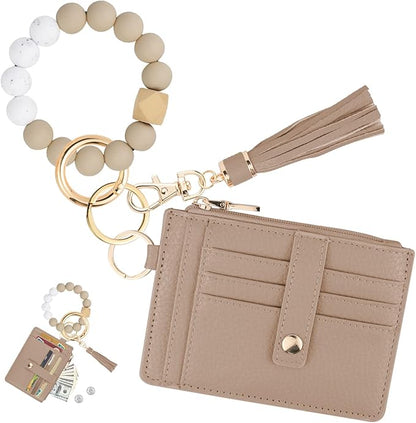 KNGITRYI Wallet Keychain Wristlet for Women,Slim RFID Credit Card Holder Purse Tassel Keychain Bangle Key Ring for Men Women