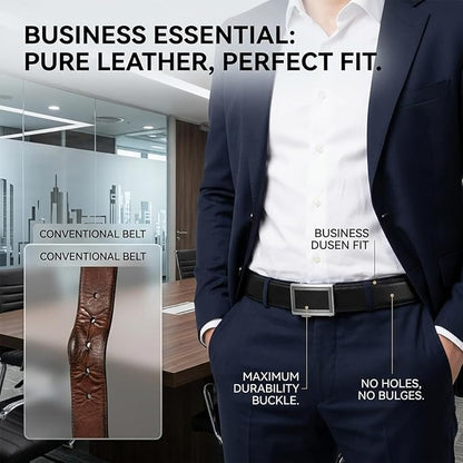 JINIU Men's Ratchet Belt Buckle, Black Genuine Leather Slide Belt for Men Dress Suit, Micro Adjustable Trim to Fit Boxed