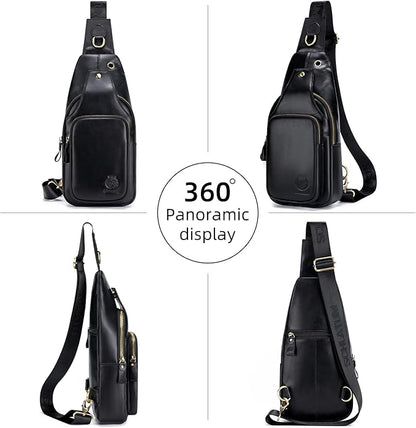 Mens Sling Bag Genuine Leather Crossbody Bags for Men Small Sling Chest Backpack Casual Man Bag Hiking Outdoor, Black