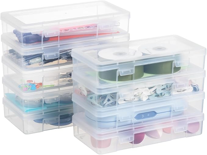novelinks Plastic Small Storage Bins with Lids for Organizing, Mini Clear Storage Containers and Stackable Storage Box Organizer for Pencil Boxes, Task Boxes, Crayon Boxes (9 Pack Medium)