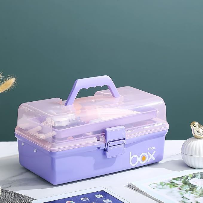 Kinsorcai 2PCS 12'' Three-Layer Clear Plastic Storage Box/Tool Box, Multipurpose Organizer and Portable Handled Storage Case for Art Craft and Cosmetic (Purple)