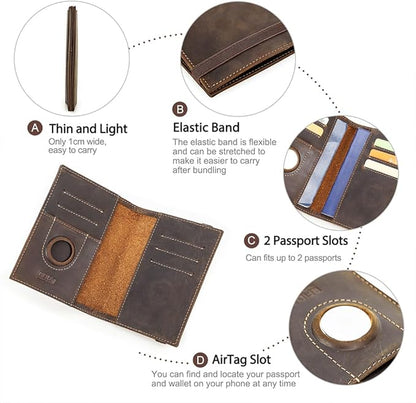 CONTACTS Full Grain Leather Passport Holder for 2 RFID Blocking Travel Passport Wallet Compatible with Airtag Passport Cover Case for 2 Passports with 5 Card Slots