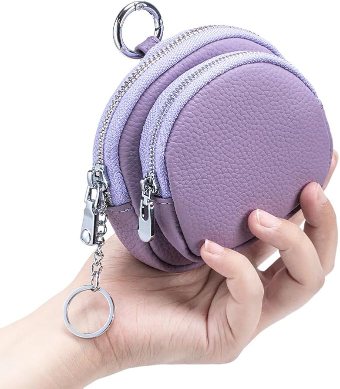 Genuine Leather Coin Purse with Keychain Clip Dual Zipper Mini Wallet Small Cute Pouch for Women & Men Compact Card Holder Wallet Key Holder (Purple)