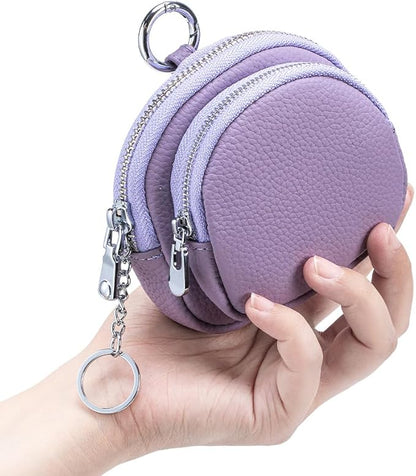 Genuine Leather Coin Purse with Keychain Clip Dual Zipper Mini Wallet Small Cute Pouch for Women & Men Compact Card Holder Wallet Key Holder (Purple)