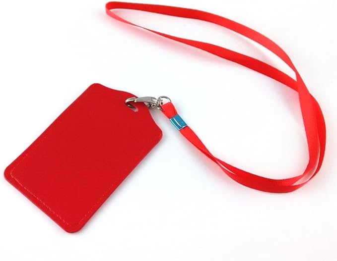 yueton 10pcs Vertical Style Leather Business ID Badge Card Holder, Name Card Business Card Holder Tag with Long Neck Strap Band Lanyard (Red)