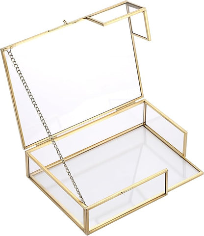 Hipiwe Gold Glass Photo Box - Vintage Photo Storage Organizer, Trinket Box Jewelry Display Organizer Photo Keepsake Box Case Home Decor (Medium)
