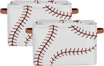 AUUXVA Baseball Stitches Laces Softball Storage Basket - Large Fabric Bin With Handles for Toys, Collapsible Closet Shelf Cloth Organizer for Nursery Bedroom, 2 PCS