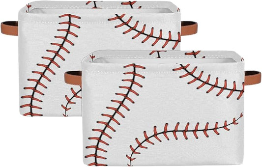 AUUXVA Baseball Stitches Laces Softball Storage Basket - Large Fabric Bin With Handles for Toys, Collapsible Closet Shelf Cloth Organizer for Nursery Bedroom, 2 PCS