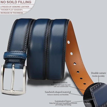 DOOPAI Men's Genuine Leather Dress Belt 2Pack - Handmade Classic Casual and Business Belt, 100% Cow Leather Prong Buckle,