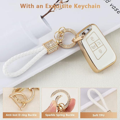PIFOOG Key Fob Cover for VW Volkswagen White Gold Bling Keychain Tiguan Atlas Jetta Taos Arteon Car Accessories Cute TPU Smart Keys Case Shell Protector Crystal Girly Women