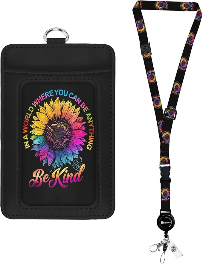 bolimoss Be Kind ID Badge Holder with Lanyard, Sunflower Breakaway Lanyard & Retractable Badge Reel