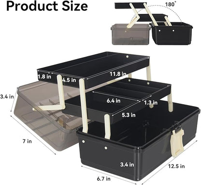 WEWLINE 13-Inch Art Storage Box 3-Layers Plastic Storage Box with Handle Craft Art Bin Portable for Home School Office Travel, Black