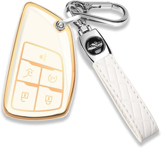 QBUC for Chevy Key Fob Cover with Keychain Soft TPU Protection Case Compatible with 2021-2026 Chevy Equinox Blazer Tahoe Suburban GMC Yukon Denali Silverado 5-Buttons(Gold Trim White)