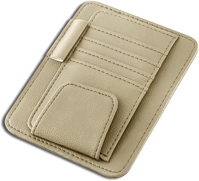 Car Sun Visor Organizer, Multifunctional Auto Visor Document Holder with Sunglasses Clip, Universal Car Interior Accessories Organizer for Drving License, Card, Pen (Beige)