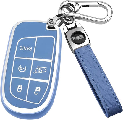 XIYANG TRADE for Jeep Key Fob Cover with Keychain,Soft TPU Key Case Shell Full Protection for Grand Cherokee Renegade Chrysler 200 300 Dodge RAM Durango Challenger Journey Dart Fiat Smart Key (Blue)