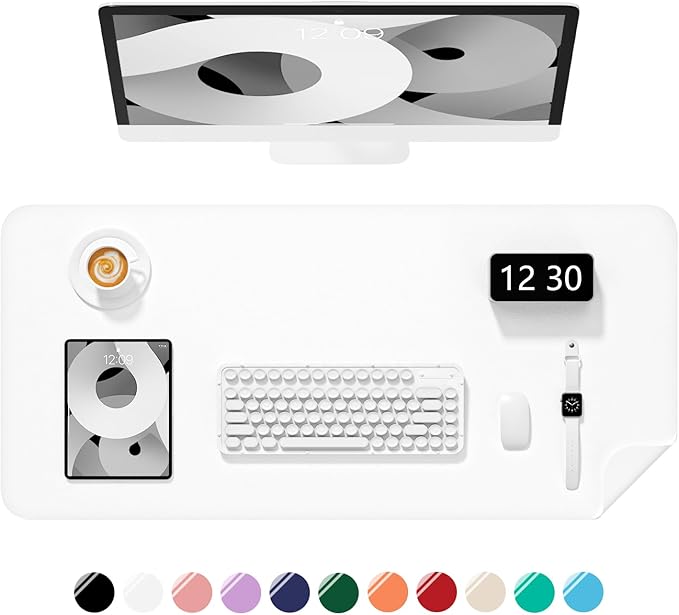 Desk Pad, 23.6" x 13.8" PU Leather Non-Slip Desk Mat Large Mouse Pad for Desktop, Waterproof Laptop Computer Writing Mat for Office, Home, Work, Gaming, White