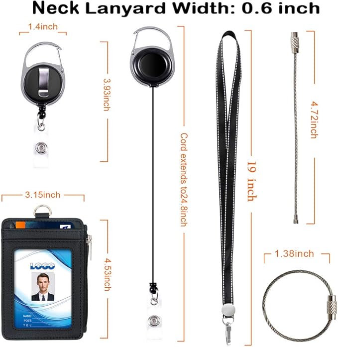 Badge Holder with Zipper, Life-Mate PU Leather ID Badge Card Holder Wallet Case with 5 Card Slots Zipper Pocket 19" Polyester Neck Lanyard Heavy Duty Metal Retractable Badge Reel (Black)