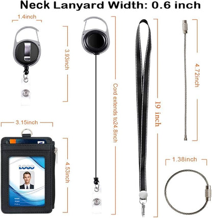 Badge Holder with Zipper, Life-Mate PU Leather ID Badge Card Holder Wallet Case with 5 Card Slots Zipper Pocket 19" Polyester Neck Lanyard Heavy Duty Metal Retractable Badge Reel (Black)