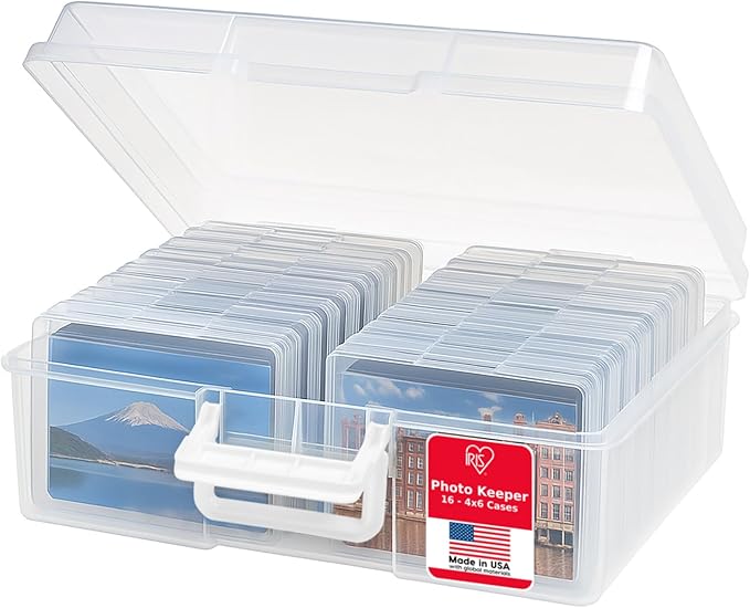 IRIS USA 4" x 6" |Made in USA| Photo Organizers and Picture Storage Box with Handle, 16 Inner Cases/Containers for Tasks, Stickers, Ephemera, & Flashcards - Clear