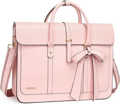 MOSISO Laptop Bag for Women, 17 inch PU Leather Laptop Shoulder Bags Convertible Backpack, 17.3 inch Messenger Bags Casual Handbag Work Briefcase Travel Computer Bag with Bowknot, Pink