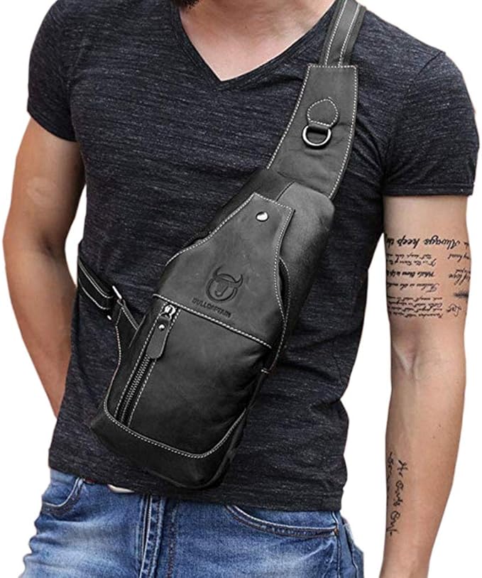 Hebetag Leather Sling Bag Backpack for Men Women Travel Outdoor Camping Crossbody Shoulder Chest Day Pack Hiking Walking Backpacks Black