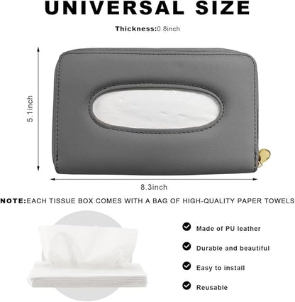 Car Tissue Holder, Sun Visor Napkin Box Premium PU Leather Tissue Case with Zipper, Rectangular Hanging Paper Organizer Mask Dispenser for Sedans SUVs Trucks, Car Accessories (Gray)