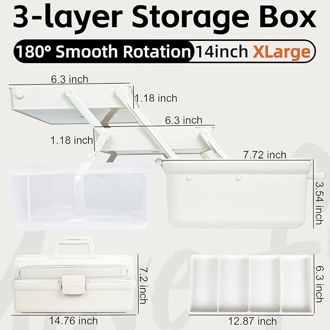 TERGOO 14in 3-Layer Multipurpose Craft Organizers and Storage with Adjustable Dividers, Portable Tackle Box, Folding Art & Craft Case for Medicine, Tool, Sewing Organizer (White, X-Large)
