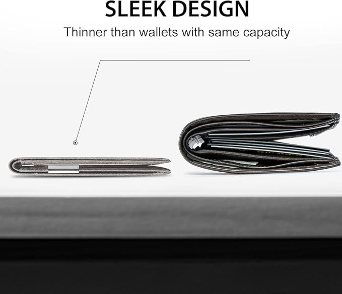 GSOIAX Men's Slim RFID Blocking Leather Wallet with Money Clip | Minimalist Carbon Fiber Bifold Credit Card Holder | 11 Card Slots | Gift Box Included(Leather Gray)