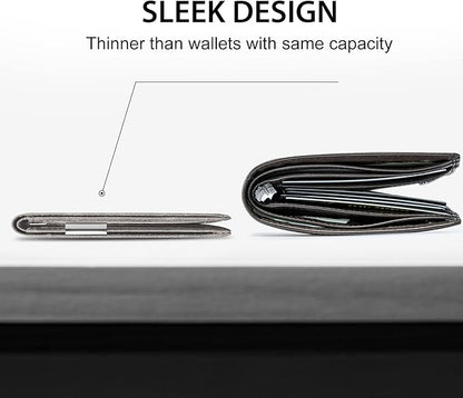 GSOIAX Men's Slim RFID Blocking Leather Wallet with Money Clip | Minimalist Carbon Fiber Bifold Credit Card Holder | 11 Card Slots | Gift Box Included(Leather Gray)