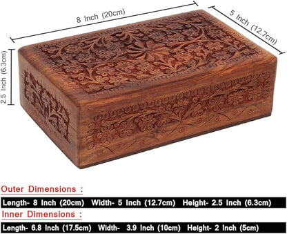 Ajuny Wooden Handcarved Decorative Jewelry Storage Box Flower Design Multipurpose Treasure Chest Keepsake Organizer Necklaces Watch Boxes Great for Gifts 8x5 Inch
