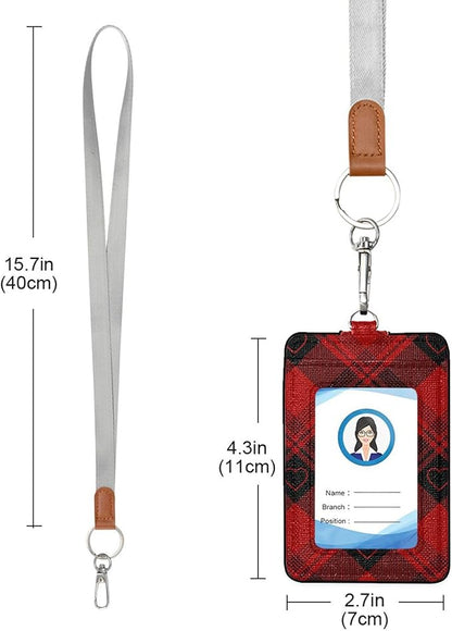Badge Holder, Buffalo Plaid Red Black Hearts PU Leather School College Business ID Badge Card Holder Wallet Case with 1 Clear Window, 2 Credit Card Slots and Detachable Neck Lanyard