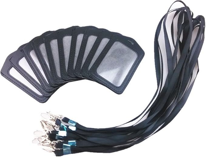 yueton 10pcs Vertical Style Leather Business ID Badge Card Holder, Name Card Business Card Holder Tag with Long Neck Strap Band Lanyard (Black)