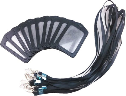 yueton 10pcs Vertical Style Leather Business ID Badge Card Holder, Name Card Business Card Holder Tag with Long Neck Strap Band Lanyard (Black)