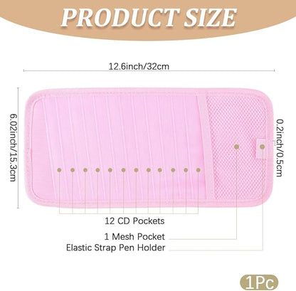 CREATCABIN Pink Car CD Case Holder DVD Vehicle Visor Storage Organizer with 12 DVD Storage Sleeves 1 Mesh Pocket 1 Pen Holder and Elastic Strap Multi-Function Sun Visor Organizer for Cars 12.6x6Inch