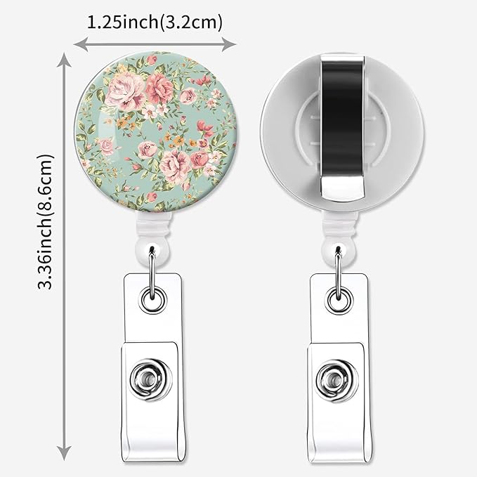 2 Pack Badge Reels Holder Retractable with ID Clip for Nurse Name Tag Card Nursing for Doctor Teacher Student Employee Office Medical Work (Green Flowers)