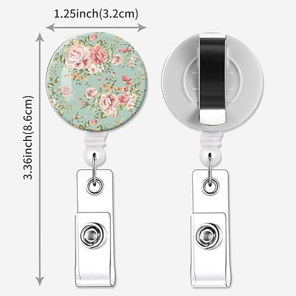 2 Pack Badge Reels Holder Retractable with ID Clip for Nurse Name Tag Card Nursing for Doctor Teacher Student Employee Office Medical Work (Green Flowers)