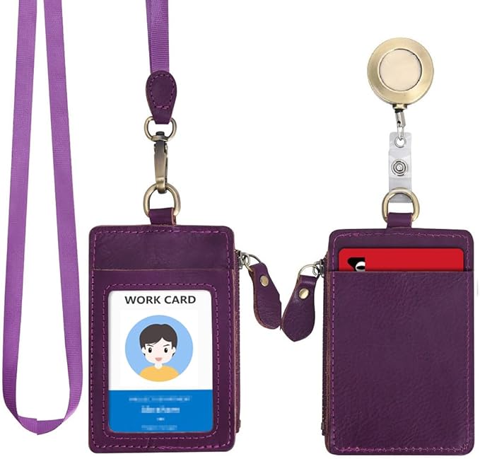 Wonderpool Leather ID Badge Holder with Zipper Wallet Pouch - Card Slots Case Detachable Neck Lanyard and Retractable Badge Reel for Office School Hospital Exhibition ID (Purple)