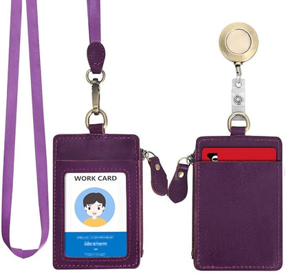 Wonderpool Leather ID Badge Holder with Zipper Wallet Pouch - Card Slots Case Detachable Neck Lanyard and Retractable Badge Reel for Office School Hospital Exhibition ID (Purple)