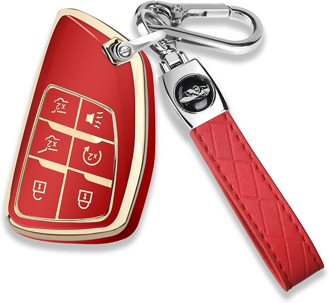 QBUC for Chevy Key Fob Cover with Keychain Soft TPU Protection Case Compatible with 2021-2026 Chevy Tahoe Suburban GMC Yukon Denali Silverado 6-Buttons(Gold Trim Red)