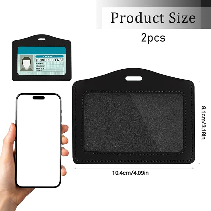 2 Pcs Genuine Leather ID Badge Holder Horizontal Single-Side Clear Card Holder Waterproof Name Badge Holder for Office, Staff, Students, Employees (Black&Black)