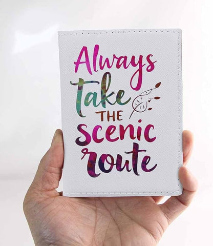 Word Design Passport Holder for Travel Always Take the Scenic Route PU Leather Passport Cover Wallet Cute Passport Card Holder for Women and Men