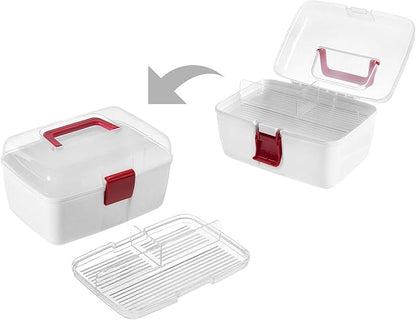 MyGift 10 Inch Multipurpose Portable White Plastic Storage Box with Removable Tray, Clear Lid and and Red Handle and Latch Lock, Home First Aid Storage Tool Box Sewing Kit Organizer Carrying Case