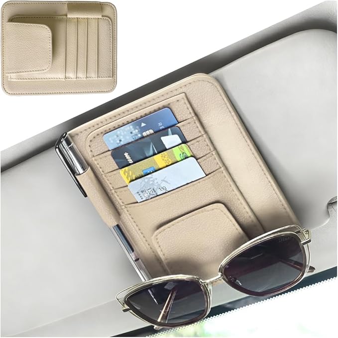 Car Sun Visor Organizer, PU Leather Vehicle Visor Document Storage Pocket for Sunglass Card Pen, Multifunctional Automotive Interior Holder Accessories, Universal Fit (Beige)