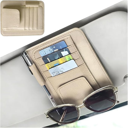 Car Sun Visor Organizer, PU Leather Vehicle Visor Document Storage Pocket for Sunglass Card Pen, Multifunctional Automotive Interior Holder Accessories, Universal Fit (Beige)
