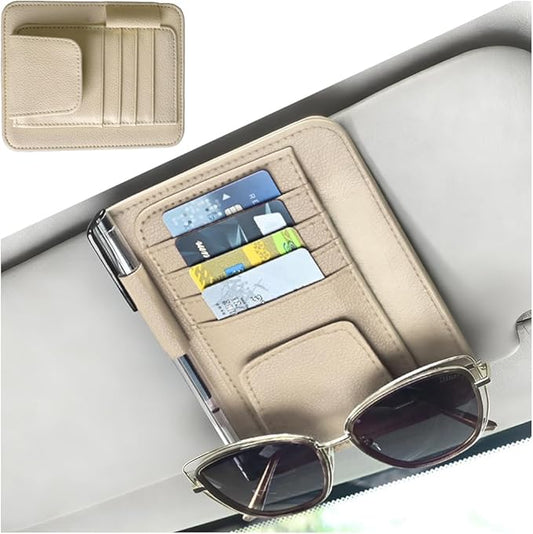 Car Sun Visor Organizer, PU Leather Vehicle Visor Document Storage Pocket for Sunglass Card Pen, Multifunctional Automotive Interior Holder Accessories, Universal Fit (Beige)